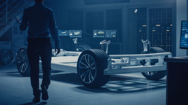 Automobile Engineer Enter Automotive Innovation Facility to Work on Electric Car Chassis Platform, Using Augmented Reality