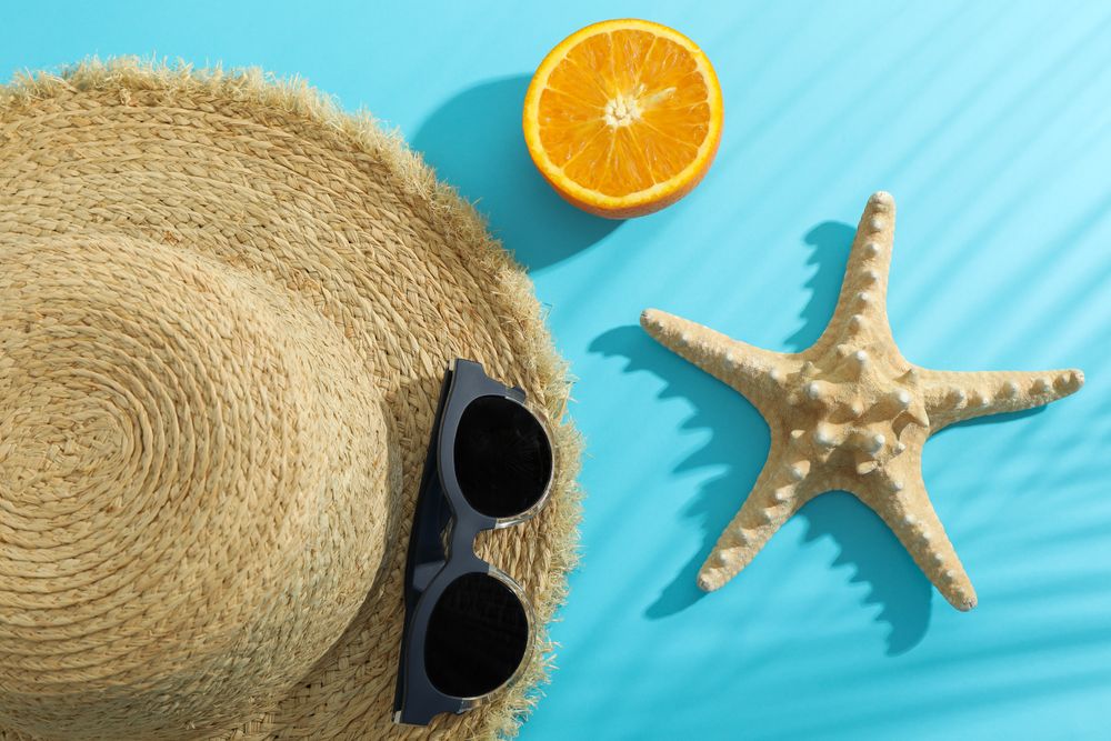 Summer vacation composition on color background. Top view, closeup