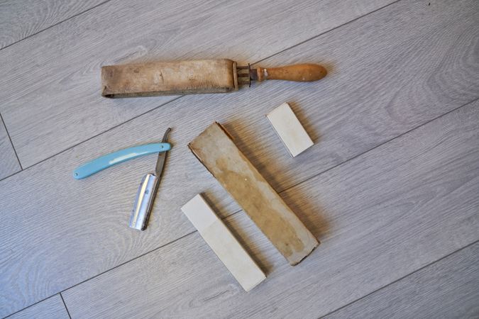 Retro shaving supplies on floor