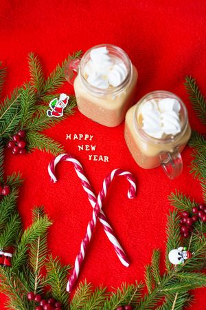 Closeup of marshmellou cocoa and candy on a red background. The inscription Happy New Year