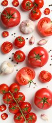 Composition with tomatoes and ingredients on light background, top view