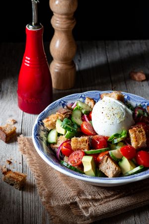 Bowl with fresh panzanella salad