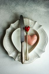 Top view of ornate plates for Valentine's day with heart shape decor
