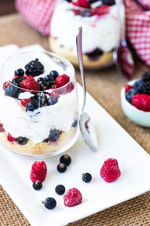 Yogurt dessert with raspberries and blueberries