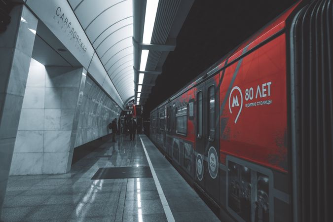 Red and gray train in station