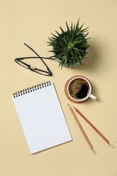 Office concept with blank notebook on beige background, space for text