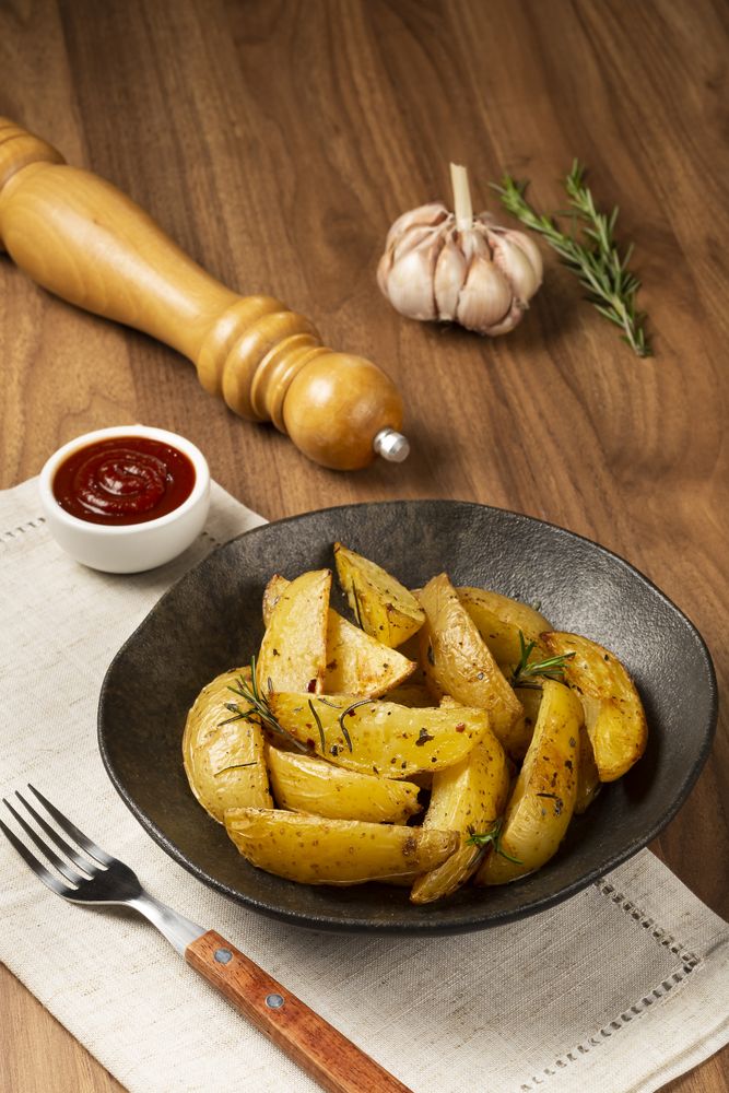 Roasted potatoes with rosemary on the plate.
