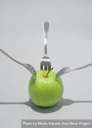Green apple stabbed with many forks 4Oeqo0