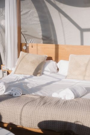 Sunlit comfortable bed in hotel