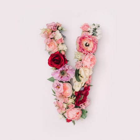 Letter V made of real natural flowers and leaves