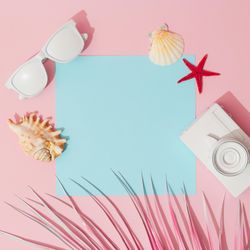 Beach accessories and palm leaves on pastel pink and blue background