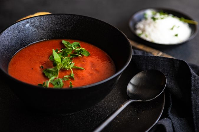 Gazpacho soup served in dark bowl