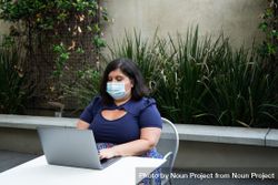Woman in face mask working on laptop outside 5qylw5