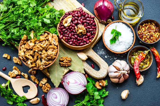 Top view of ingredients for cooking bean dish