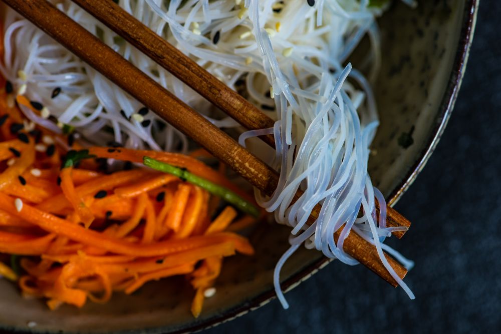 Close up of noodles in sushi bowl