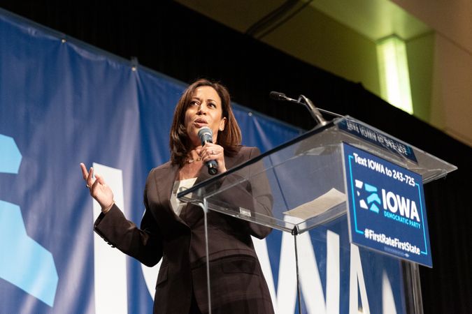 Cedar Rapids, IA, USA - June 9 2019: Kamala Harris speaking at Iowa Democrats Hall of Fame event