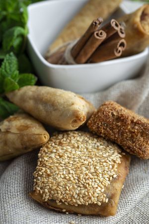 Typical Moroccan food on wooden table