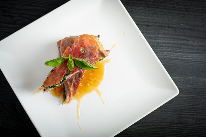 Bluefin tuna with basil ham and chicken demiglace