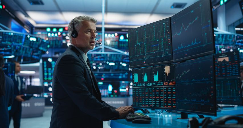 Handsome Stock Exchange Trader Following a Live Auction, Communicating Buy and Sell Orders to Operator on the Other Side of the Call.