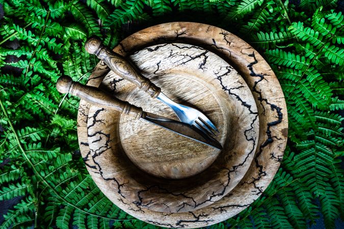 Top view of summer table setting with fern