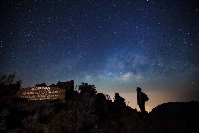 Milky Way Galaxy with Thai label Highest point at Doi Luang Chiang Dao before sunrise. Long exposure photograph.With grain