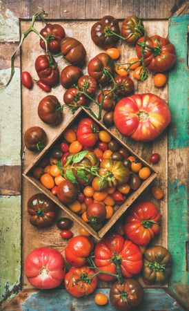 Assortment of different tomatoes in square box, on wooden table, vertical composition