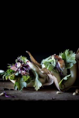 Served Gua Bao sandwiches with bacon