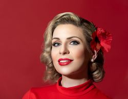 Retro hairstyle woman against a red background