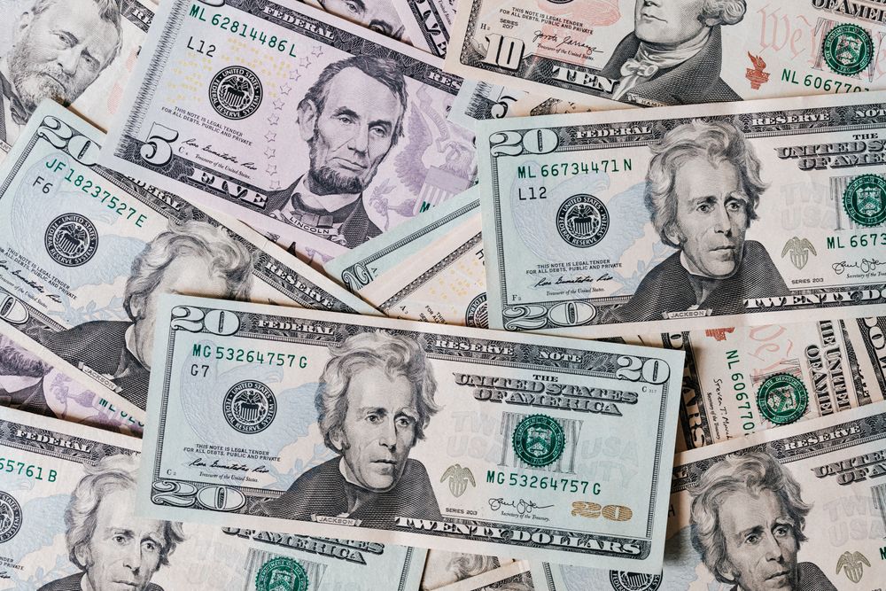 Cluster of different US dollar banknotes