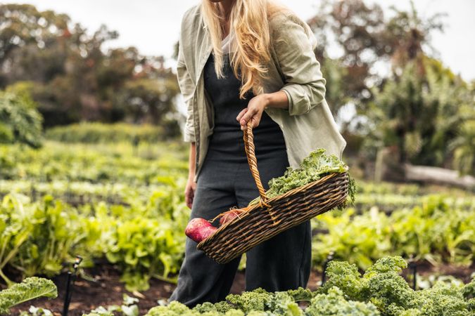 Unrecognizable young woman holding a basket full of fresh produce in an organic garden