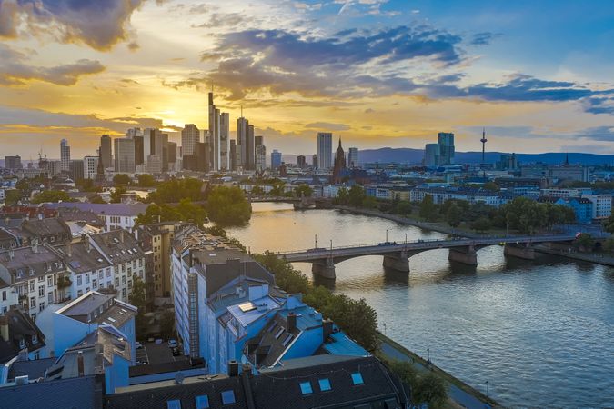 Aerial view of Frankfurt during sunset