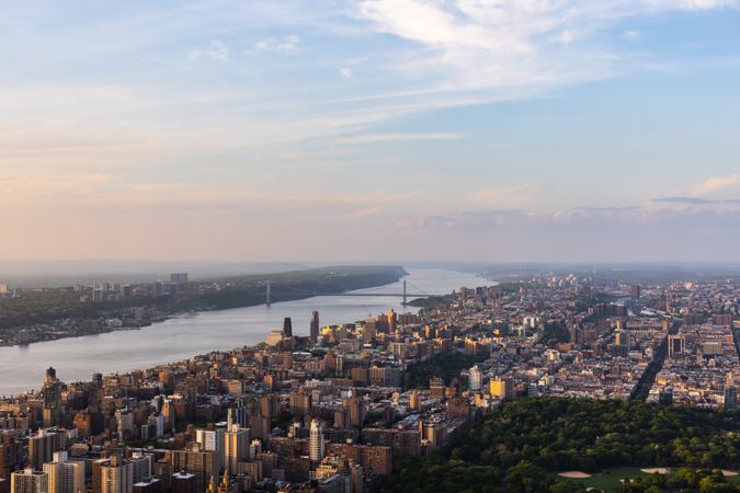 Helicopter Tour of New York City Architecture During a Summer Day. Manhattan with Panorama of Buildings and Hudson River in the Background