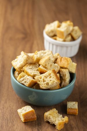 Delicious crunchy croutons on the table.