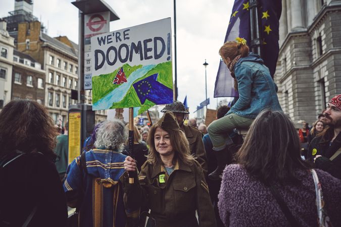 London, England, United Kingdom - March 23rd, 2019: Woman in military attire at Brexit protest
