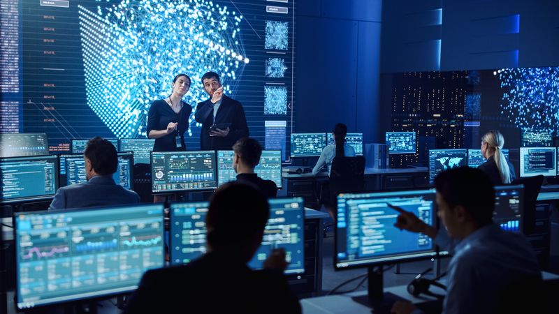 Diverse Team in a Modern Control Room Analyzes Data on Multiple Screens, Ensuring Cybersecurity and Efficient Operations.