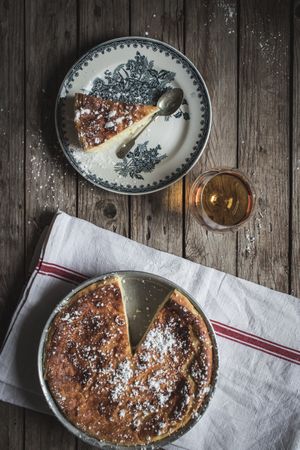 Cottage cheese pudding and glass of cognac