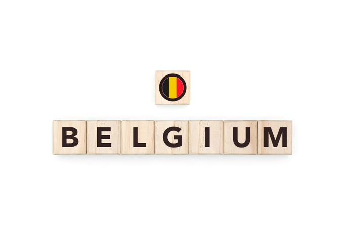 Wooden blocks bearing the name and flag of Belgium.