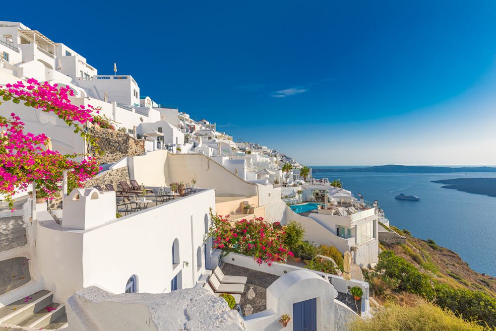 Shot of cliff side Santorini and the Aegean Sea