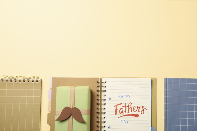 Happy father's day inscription, inscription in notebook, with gifts.