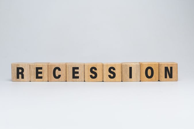 recession word text on wooden blocks