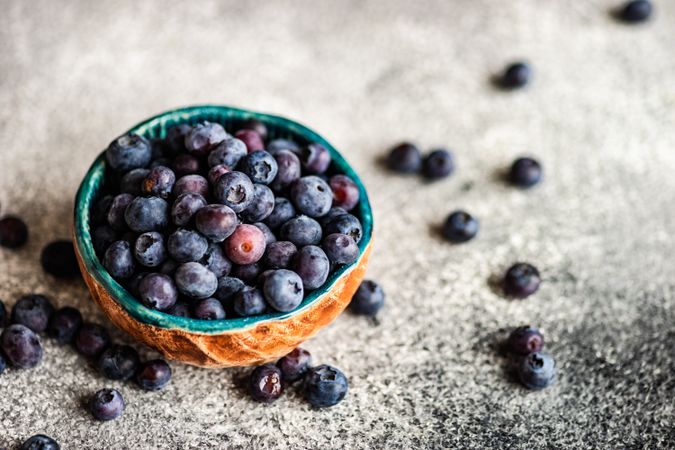 Bowl of blueberries on grey counter