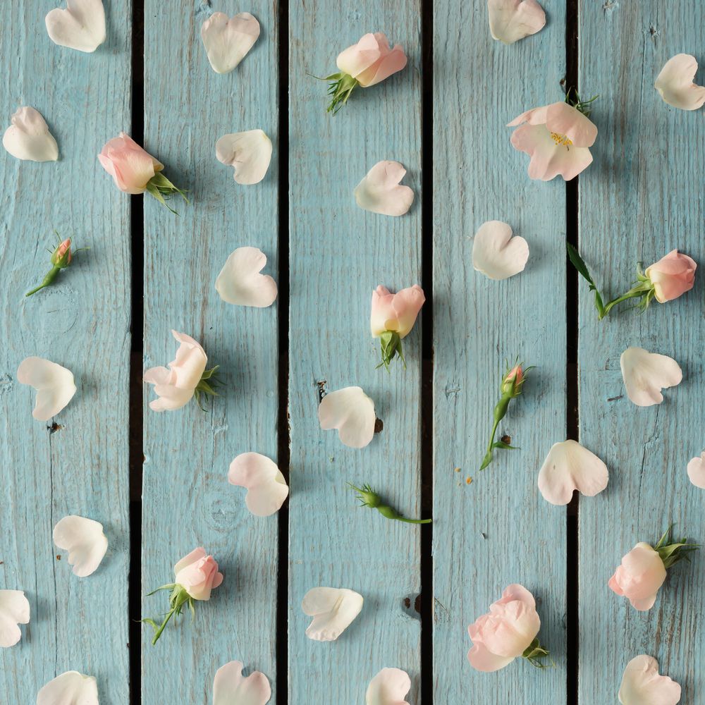 Flowers and petals on wooden background