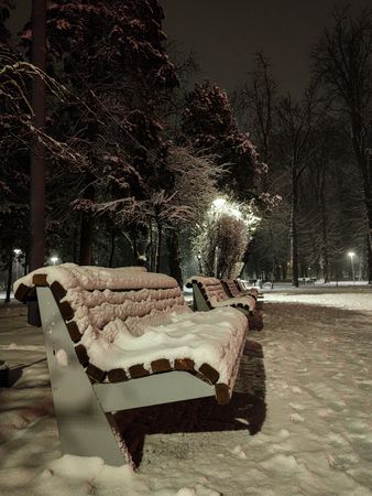 Snow covered bench in a park at night