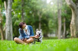 A woman wearing a medical mask sitting on the lawn with a French bulldog.
