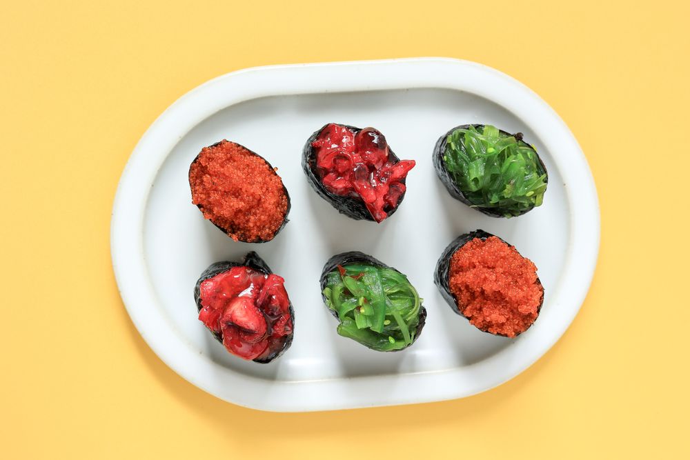 Gunkan maki Sushi woth Chuka Idako, Chuka Wakame, and Ebiko Topping