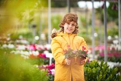 Adorable cute boy in puffer jacket with potted blooming flowers