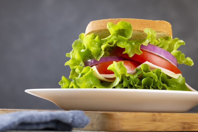 Natural sandwich. Sandwich with cheese, ham, lettuce, tomato and red onion.