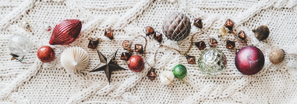 Flat-lay of holiday decorations, top view, wide composition