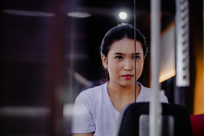 Focused fitness portrait: Asian woman workout contemplation mome