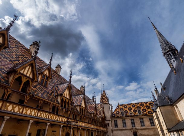 Empty streets of the medieval city of Beaune in Burgundy. The stormy sky